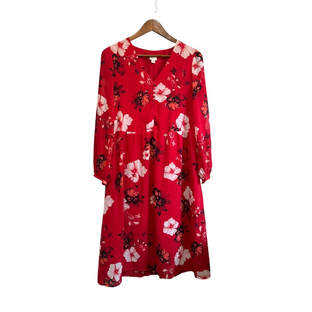 A New Day Floral Midi Dress Womens Small Red V-Neck Long Sleeve Excellent